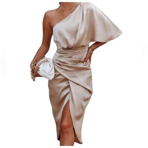 NEW‎ NWT Do+Be One Shoulder Dress Small Soft Pink Satin Ruched Midi Cocktail